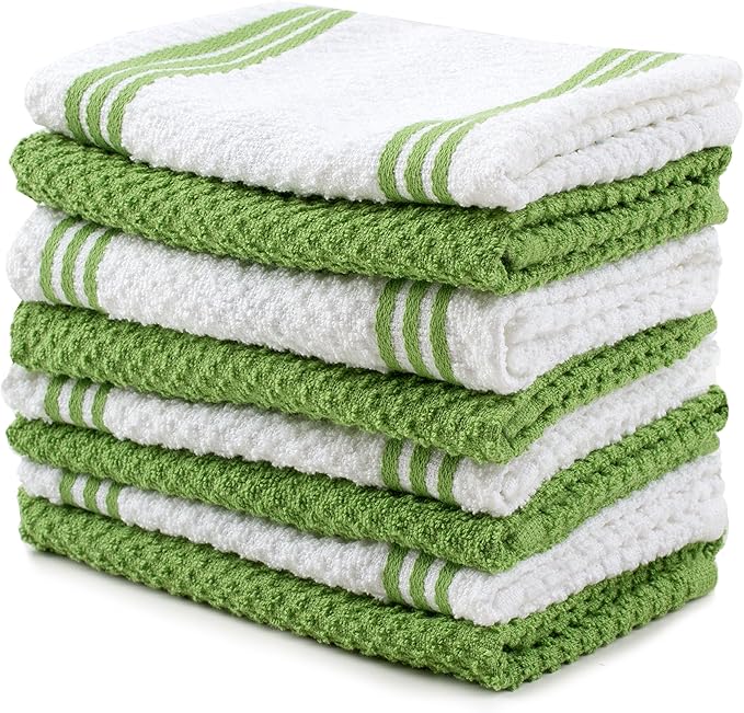 Sticky Toffee Cotton Dishcloths Set of 8 – Green and White Dish Towels 12x12 in, Reusable and Absorbent Tea Towels for Cleaning or Drying, Oeko-Tex Cotton