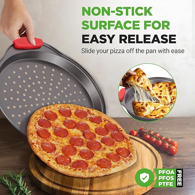 NutriChef 3-Piece Pizza Tray Set with Silicone Handles - Round Nonstick Pizza Pan with Perforated Holes, Durable Carbon Steel, Small, Medium, Large Sizes - Ideal for Crispy, Evenly Baked Pizzas (Gray)