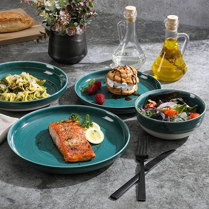 Gibson Elite Clarina 16 Piece Double Bowl Stoneware Reactive Glaze Round Plates and Bowls Dinnerware Set - Teal