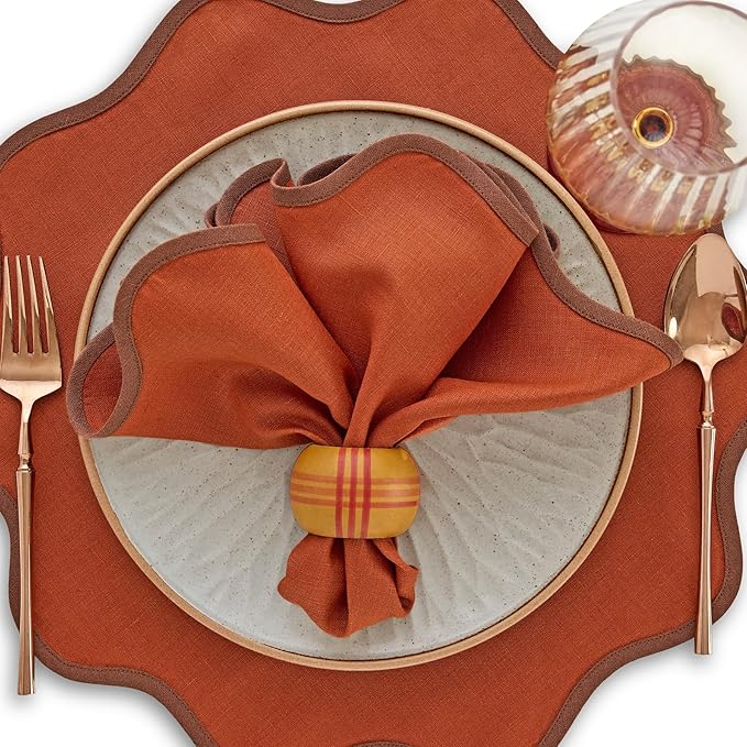 Solino Home Linen Scallop Cloth Napkins Set of 4-100% Pure Linen Brown and Cinnamon Dinner Napkins 20 Inch for Fall, Thanksgiving - Giselle Scallop Edge, Handcrafted and Machine Washable