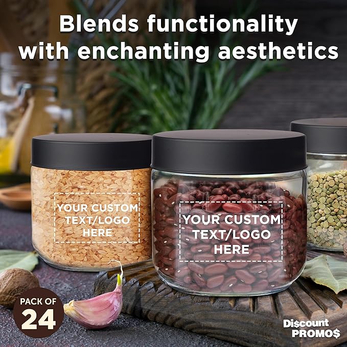 DISCOUNT PROMOS Custom Luminous 23 oz.Storage Jars Set of 24, Personalized Bulk Pack - Durable Kitchen Organization, Home Decor Essentials, Food Storage Solutions - Clear