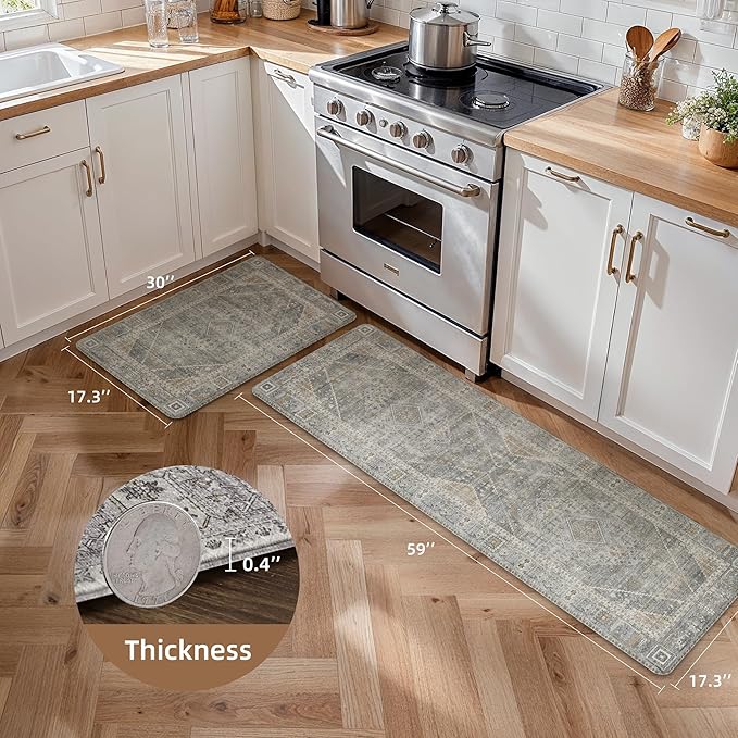 GENIMO Kitchen Mats for Floor 2PCs, Washable Anti Fatigue Mat for Cushioned, 17.3"x59"+17.3"x30", Waterproof Kitchen Rugs, Non Slip Comfort Standing Mat Rug for Home, Sink, Laundry, Lightgrey
