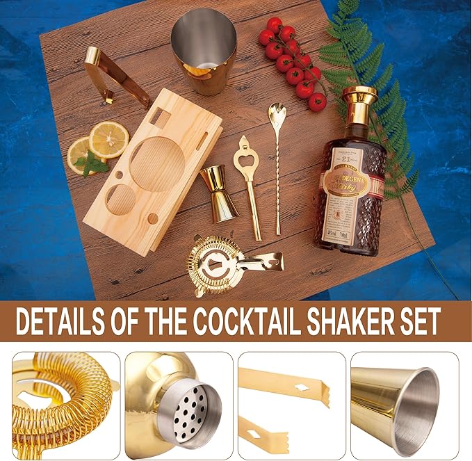 Cocktail Shaker Set Stainless Steel Bartending Kit 18.6oz Cocktail Bar Set Cocktail Mix Drink Making Kit Professional Bar and Home Drink Bar Tools for Bartender (Gold, 7Pcs)