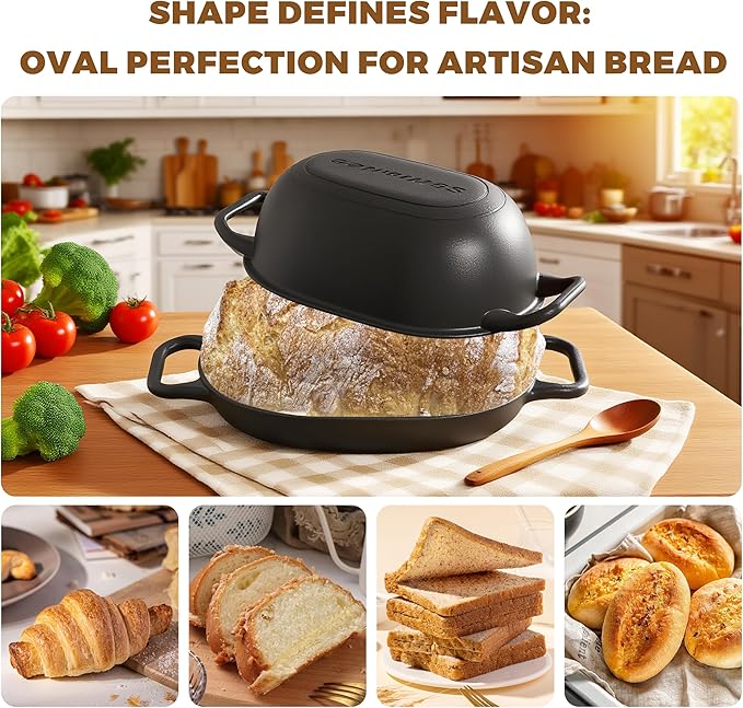 Oval Dutch Oven for Bread Baking 12 x 8 Inch, Pre-Seasoned Cast Iron Bread Oven for Sourdough, Dutch Oven Bread Loaf Pan for a Crispy Crust, 5QT