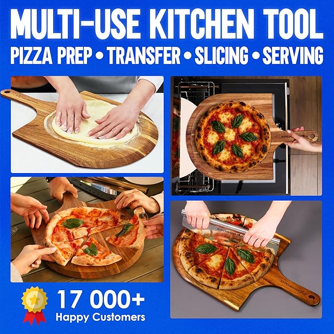 KitchenStar 16-Inch Acacia Wood Pizza Peel – Extra Large Wooden Cutting & Serving Board with Handle – Natural Oil Finish – Ideal Pizza Oven Accessory for Easy Sliding & Prep
