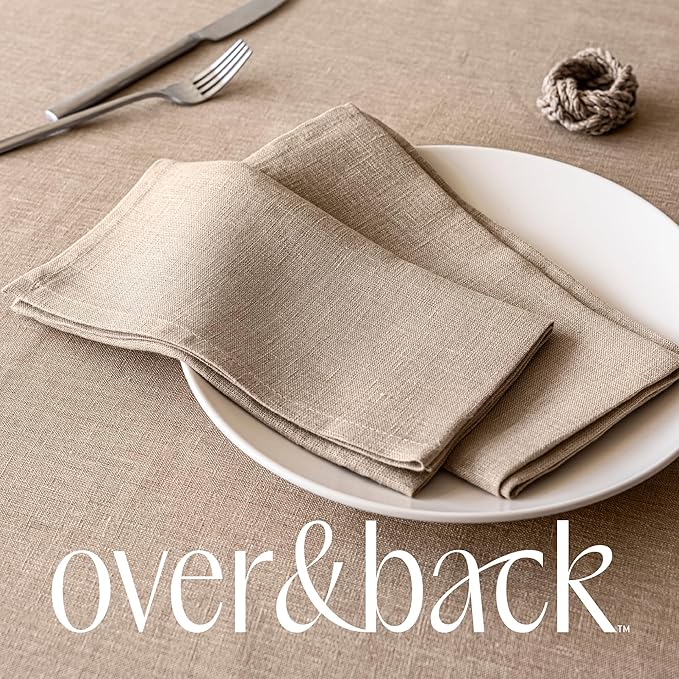 over&back 100%-Linen Woven Tablecloth - Colorful Dining Room Table Cover - Mitered Corner Hems - Machine Washable - Kitchen and Home Decor - Taupe - 70x108