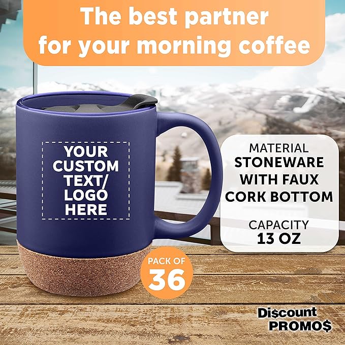 Custom Barista Ceramic Mugs with Cork Bottom 13 oz. Set of 36, Personalized Bulk Pack - Perfect for Coffee, Tea, Espresso, Hot Cocoa, Other Beverages - Blue