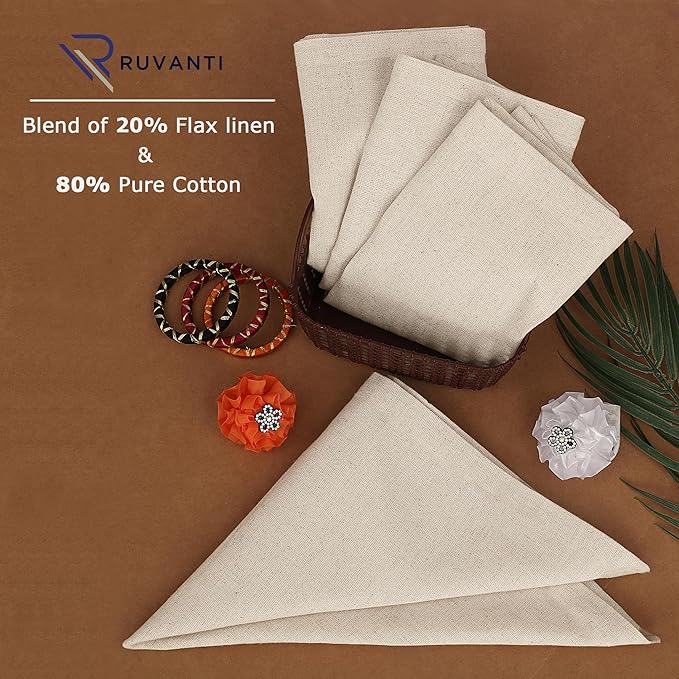 Ruvanti Linen Napkins Set of 12, 18x18 Cloth Napkins, Cotton Linen Blend Napkins Cloth Washable, Soft, Reusable Dinner Napkins for Wedding, Parties, Christmas, Thanksgiving, Everyday Use - Natural