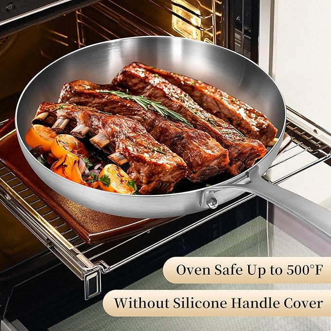 Inqibee 8.5-12 Inch Tri-Ply Stainless Steel Frying Pan set with a Lid,Skillets,Induction Cooking Pans Set,Dishwasher and Oven Safe,Detachable Handle