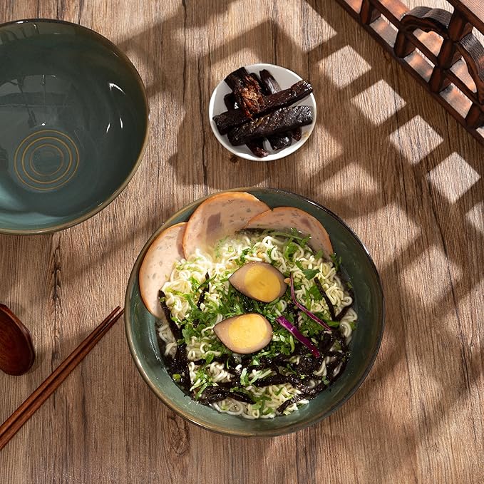 8 Inch Ceramic Ramen Bowl Set of 2, 40oz Japanese Bowls with Spoons & Chopsticks,Durable,Microwave & Dishwasher Safe,Perfect for Ramen,Pho,Salad,Soup,Noodles，Mixing bowls（Dark Teal）