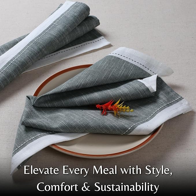 Ramanta Home Cloth Napkins Set of 4 Textured Cotton 18x18 - Premium Contrast Border Thanksgiving Dinner Napkins for Christmas Farmhouse Wedding, Soft Washable Table Linen for Everyday Use - Dark Olive