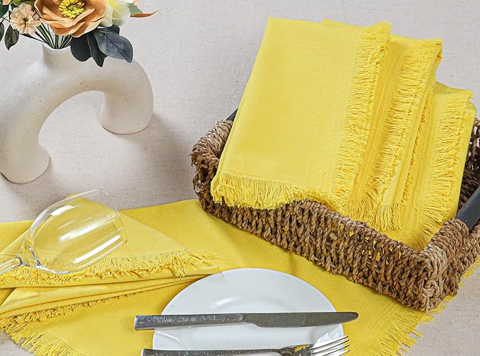 Bedding Craft Cotton Cloth Dinner Napkins Set of 12 – 18x18 Yellow with Decorative Lace Selvedge – Machine Washable Fabric Napkins for Weddings, Baby Showers, Parties & Everyday Dining