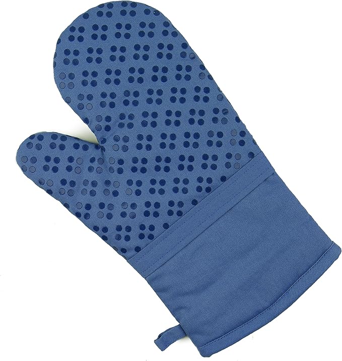 Sticky Toffee Oven Mitt and Pot Holder Set of 3 – Dark Blue Non-Slip Silicone Kitchen Hot Pads and Mitts, 100% Cotton Shell, Oeko-Tex Cotton