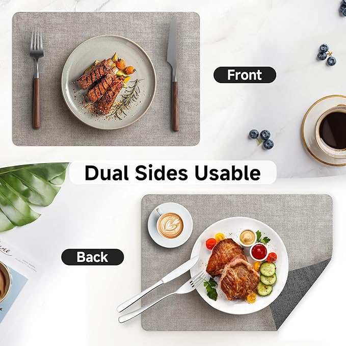 Faux Leather Vinyl Placemats Set of 4 Wipeable Heat Resistant Place Mats 100% Washable - Waterproof - Anti Slip Reversible Table Mats for Kitchen/Dining/Party/Outdoor, 12" x 16.5", Light Grey & Black