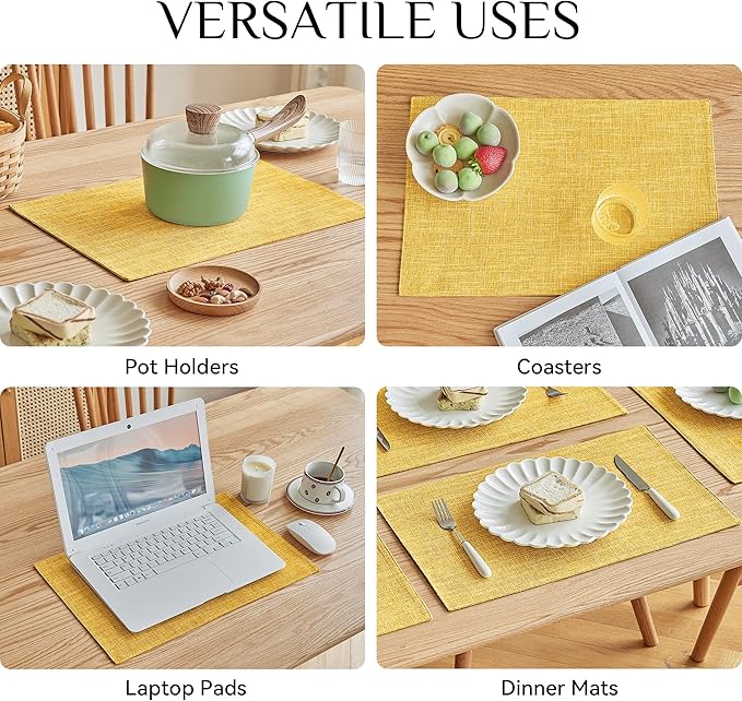 Softalker Faux Linen Placemats Set of 12-12 x 18 Inch, Heat Resistant Double Layered Durable Burlap Farmhouse Place Mats, Non-Slip Washable Rustic Table Mats for Dining, Kitchen, Party（Yellow