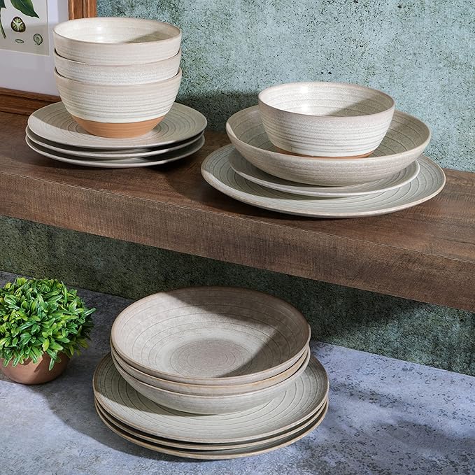 Gibson Elite 16 Piece Dreamweaver Double Bowl Terracotta Reactive Dinnerware Set - Sand Cream, Service for 4 (16pcs)