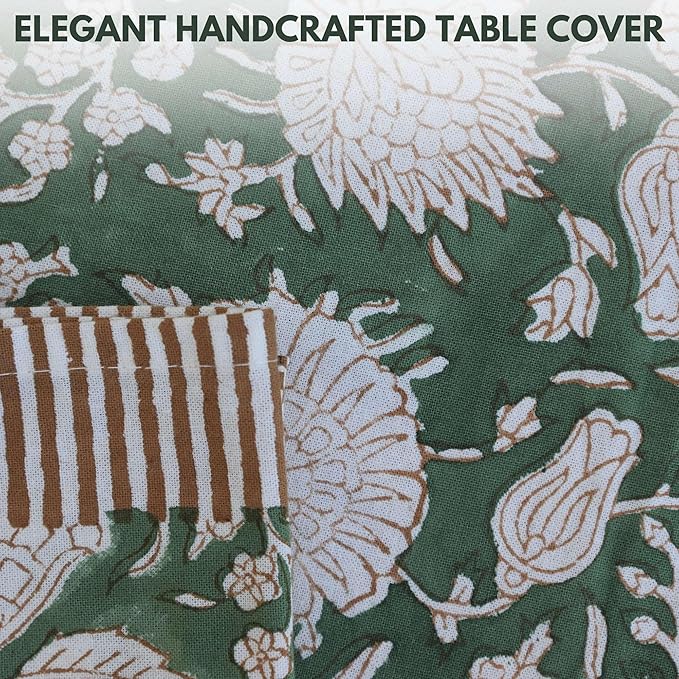 Handblock Print Cotton Tablecloth – 72x154 Rectangle Table Cover Seats 10-12 – Indian Block Printed Floral Dining Table Linen – Boho Washable Cloth for Kitchen, Party, Outdoor (Mint Green)