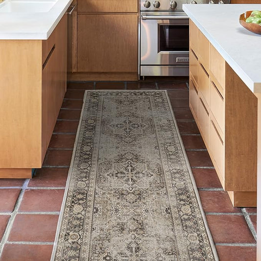 RUGGABLE Washable Vintage Runner Rug – Kamran Hazel 2.5x10, Stain-Resistant, Non-Slip Hallway Runner – Machine Washable Rug for Hallway, Entryway, Living Room & Kitchen–with Standard Pad