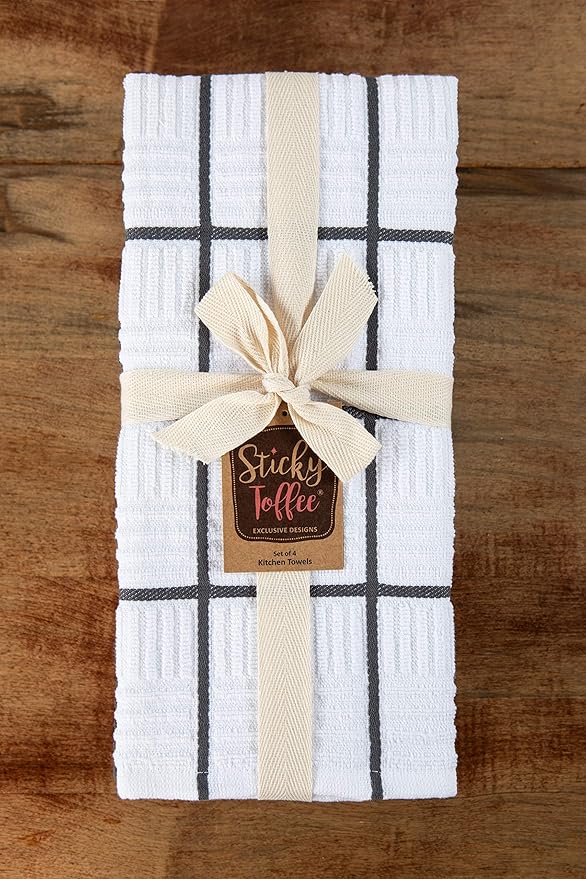 Sticky Toffee Cotton Kitchen Towels Set of 4, Gray and White, 28 x 16 in, Absorbent Reusable Hand and Dish Towels, Tea Towels, Oeko-Tex Certified