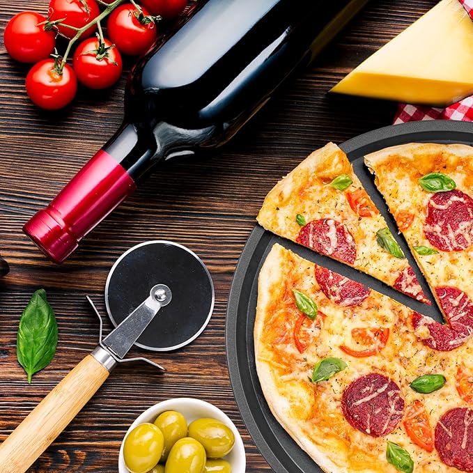 DecorRack 13 Inch Carbon Steel Pizza Pan, [Premium] Non-Stick Coating, Commercial Grade, Serving Tray, Heavy Duty Round Baking Tray for Oven Use (2 Pack)