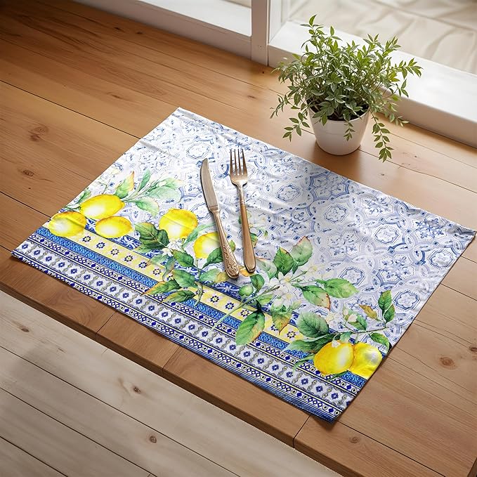 Maison d' Hermine Placemats Set of 4 100% Cotton Washable Cloth Place Mats, Reusable Table Mats for Kitchen Dining Decoration, Party, Wedding, Restaurant Spring/Summer (Citrus, 13" x 19")