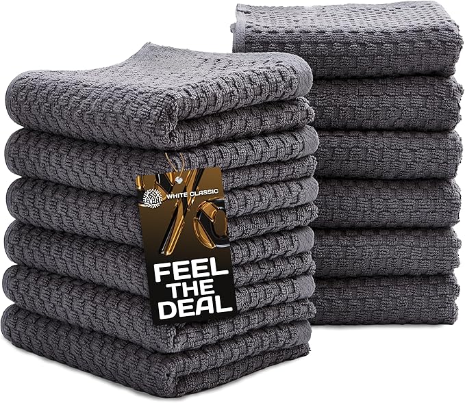 Wealuxe Super Absorbent Kitchen Towels 12 Pack - Premium 100% Cotton Kitchen Towels, 450GSM Thick Machine Washable Gray Dish Towels for Kitchen Drying, Cleaning, Dobby Weave, Unmatched Quality