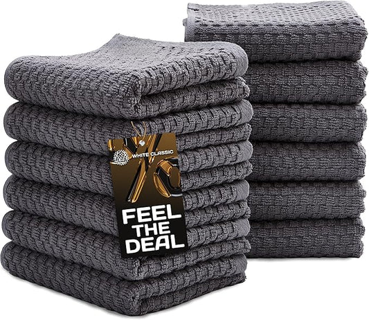 Wealuxe Super Absorbent Kitchen Towels 12 Pack - Premium 100% Cotton Kitchen Towels, 450GSM Thick Machine Washable Gray Dish Towels for Kitchen Drying, Cleaning, Dobby Weave, Unmatched Quality