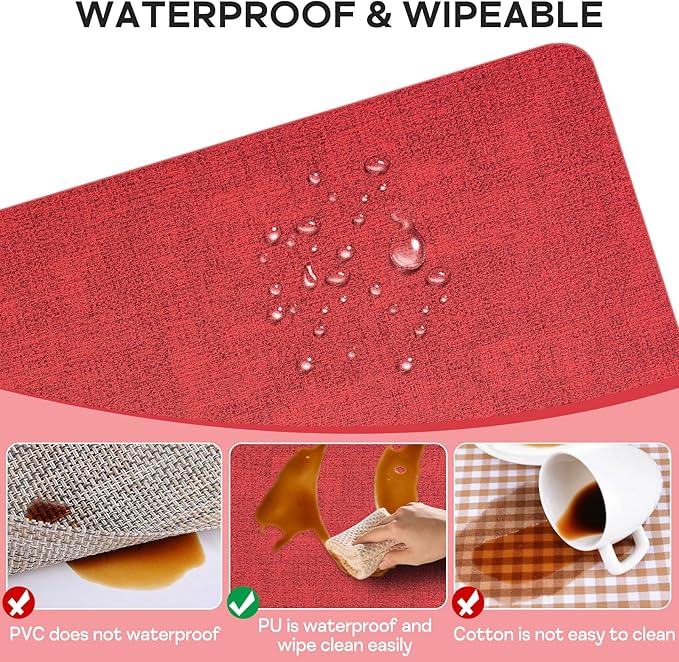 Vinly Placemats Set of 6 - Waterproof Wipeable Faux Leather Table Place Mats Heat Resistant Anti Slip Table Mats for Dining, Indoor, Outdoor, 15.8" x 11.8" (Retro red)