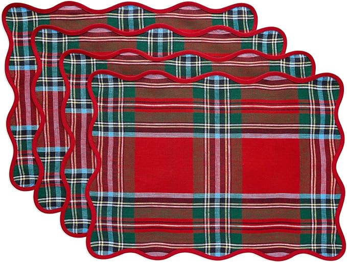 Solino Home Scallop Cloth Placemats Set of 4-100% Pure Linen Red Madras Holiday Plaid Placemats 14 x 19 Inch for Christmas - Giselle Scallop Edge, Handcrafted and Machine Washable