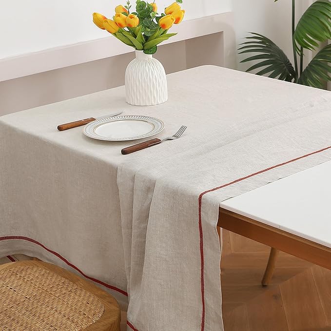 Linen World Hemstitch Linen Tablecloth, 100% Natural French Flax, 60x108Inch Handcrafted Natural-Rust Linen Table Cloth, Tabletop Decoration, Table Cloths for Kitchen, Dining, Daily Use