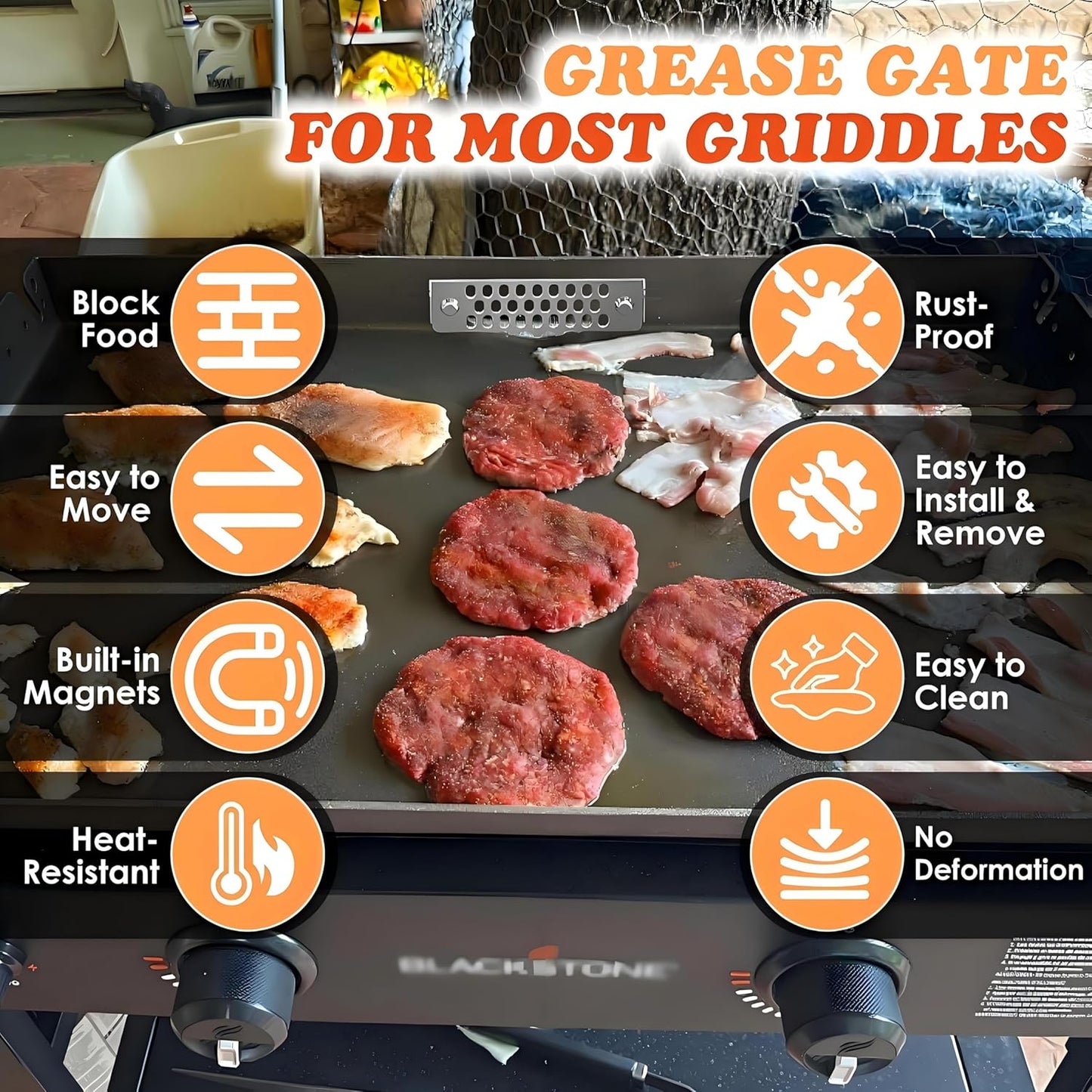 Upgraded Movable Grease Gate for Blackstone Griddle Guard,Block Food from Falling into Rear Grease Trap,Compatible with Blackstone Grill Accessories,Stainless Steel & Magnetic Design,Heat-Resistant