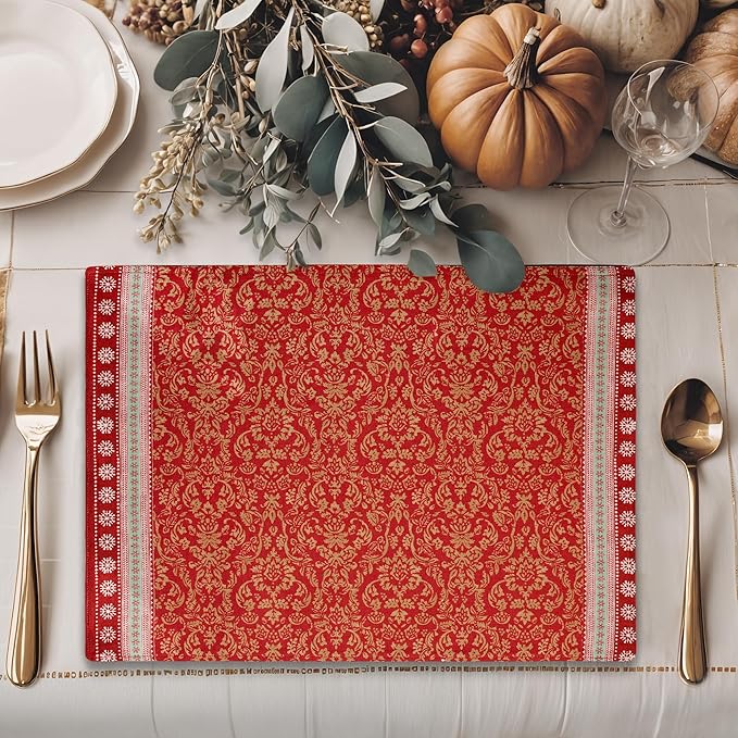 Maison d' Hermine Placemats Set of 4 100% Cotton Washable Cloth Place Mats, Reusable Table Mats for Thanksgiving Christmas Decorations Kitchen Dining Party Wedding Restaurant (Sofia, 13" x 19")