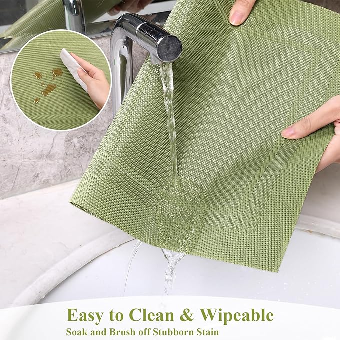 SHACOS Woven Vinyl Placemats Set of 4 Wipe Clean Place Mats Non Slip Reversible Dining Table Mats Indoor Outdoor (4, Frame Olive Green)