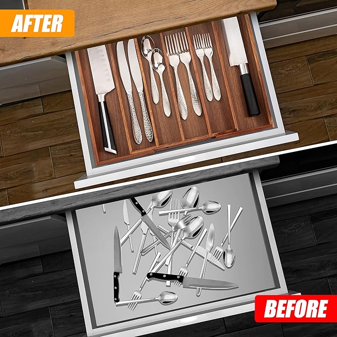 Bellsal Acacia Silverware Organizer Kitchen Drawer Organizer Expandable Bamboo Utensil Holder Cutlery Tray for Kitchen Utensil and Flatware Bedroom Office