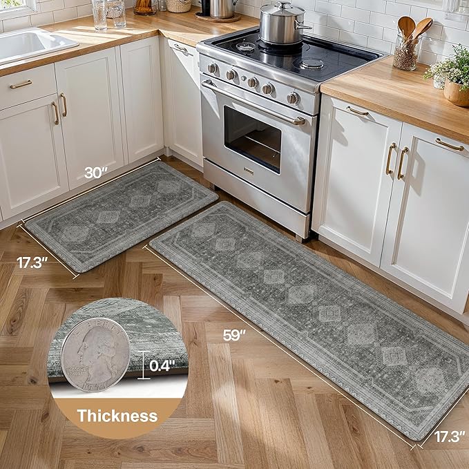 GENIMO Kitchen Mats for Floor 2PCs, Washable Anti Fatigue Mat for Cushioned, 17.3"x59"+17.3"x30", Waterproof Kitchen Rugs, Non Slip Comfort Standing Mat Rug for Home, Sink, Laundry, Grey