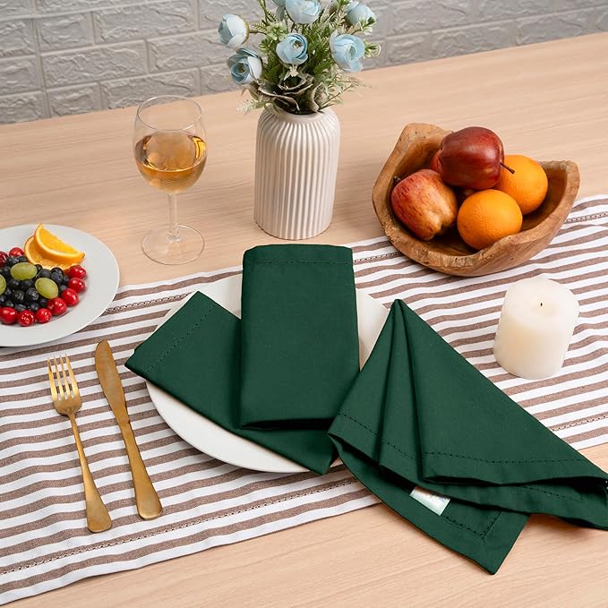 Blue Needles Set of 12 Hemstitch Linen Napkins 100% Cotton Forest Green Cloth Dinner Napkins 18x18 inches - Soft, Reusable and Washable Spring Summer Napkins, Ideal for Events, Parties & Everyday Use