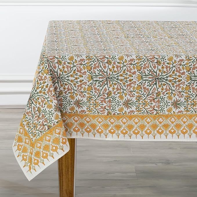 Ridhi - Hand Block Print Cotton Cloth Dinning Table Cover Wedding Farmhouse Thanks Giving Christmas Spring Tablecloth (Goldenrod Yellow, 14 Seater 72X160 INCH)