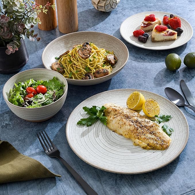 Gibson Elite 16 Piece Dreamweaver Double Bowl Terracotta Reactive Dinnerware Set - Sand Cream, Service for 4 (16pcs)