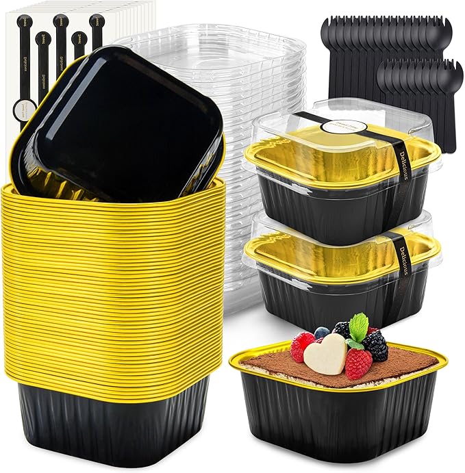 60 Pack Mini Cake Pans with Lids Mini Aluminum Pans, Disposable Loaf Pans Cupcake Liners with Lids for Pudding, Souffle, Party, Wedding(Black Gold, 5 oz)