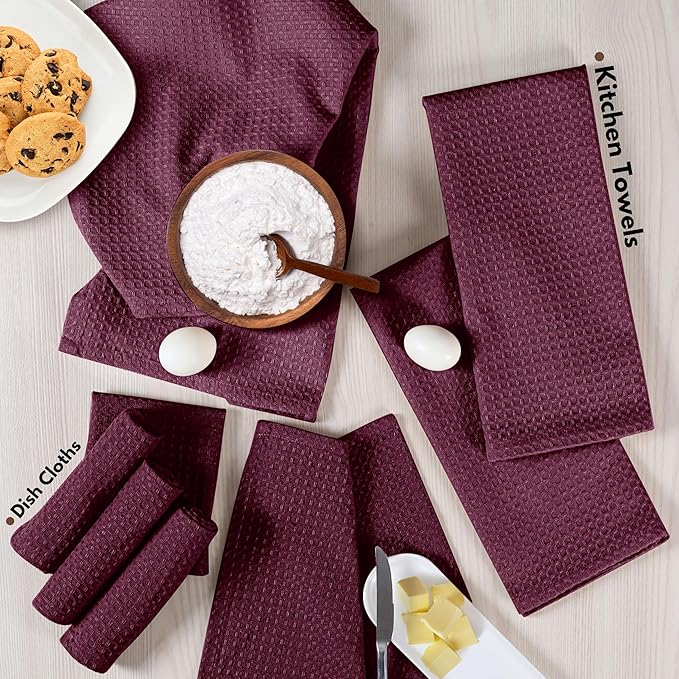 Native Fab Kitchen Towels & Dish Cloth Set, 100% Cotton, 8 Piece, Absorbent, Durable, Washable, Quick Drying Towel for Cleaning, Cooking, Baking - Ideal for Home, Bars & Everyday Use - Burgundy Wine