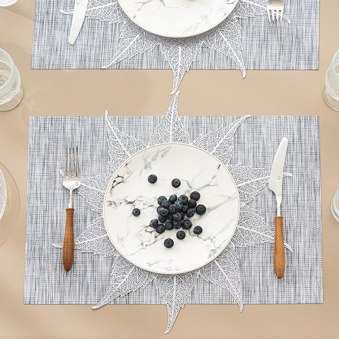 BACKTOEDEN Placemats Set of 6 Heat Resistant Washable Wipeable Placemat Woven Non-Slip Foldable Vinyl/Plastic Place Mats Indoor/Outdoor Mat Kitchen Dining Table Pad, Silver Maple Leaf & Gray