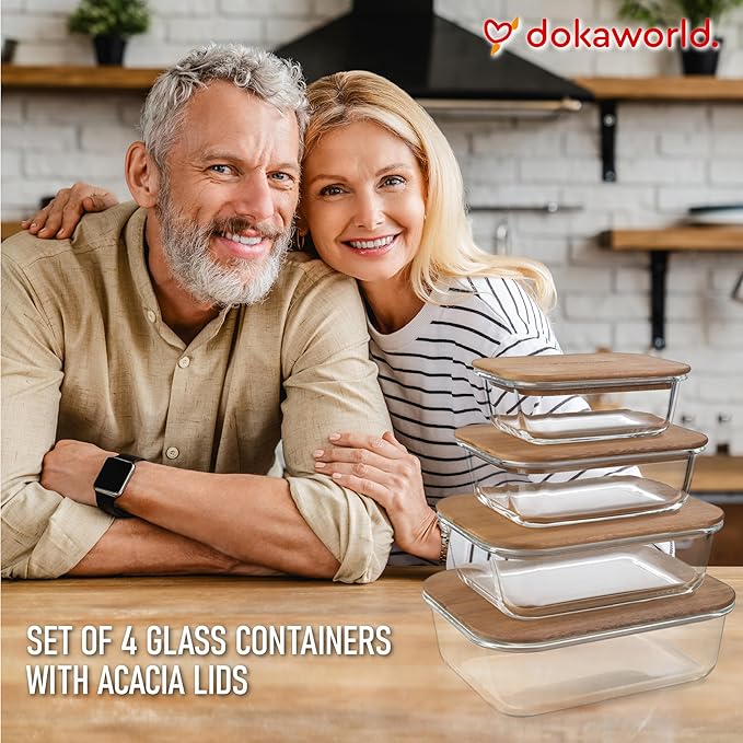 Glass Tupperware Set with Acacia Lids - 4 Stackable Meal Prep Containers. Durable heat resistant Inert Borosilicate Glass