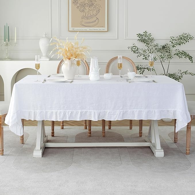 Linen World Ruffle Linen Tablecloth, 100% French Linen White Tablecloth 120" x 60" Inch, Washable Rectangular Tablecloth for Dining, Outdoor, Weddings and Restaurants, Decorative Valentine Easter