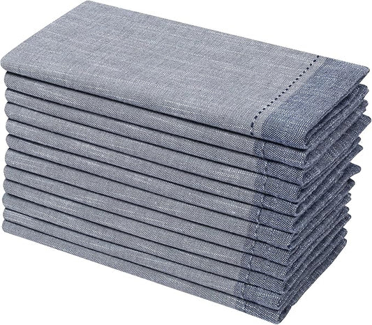 Ramanta Home Cloth Napkins Set of 12 Textured Cotton 18x18 - Premium Contrast Border Thanksgiving Dinner Napkins for Christmas Farmhouse Wedding, Soft Washable Table Linen for Everyday Use - Grey