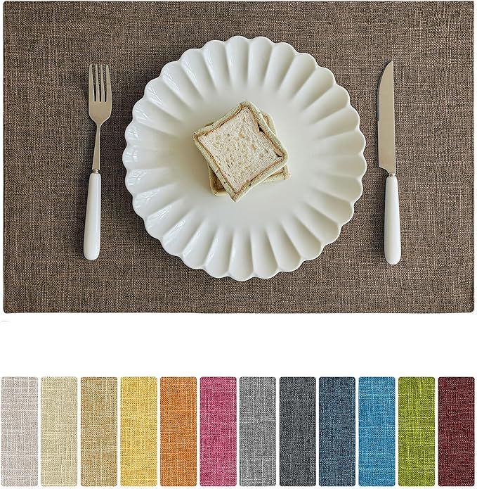 Softalker Faux Linen Placemats Set of 6-12 x 18 Inch, Heat Resistant Double Layered Durable Burlap Farmhouse Place Mats, Non-Slip Washable Rustic Table Mats for Dining, Kitchen, Party（Brown