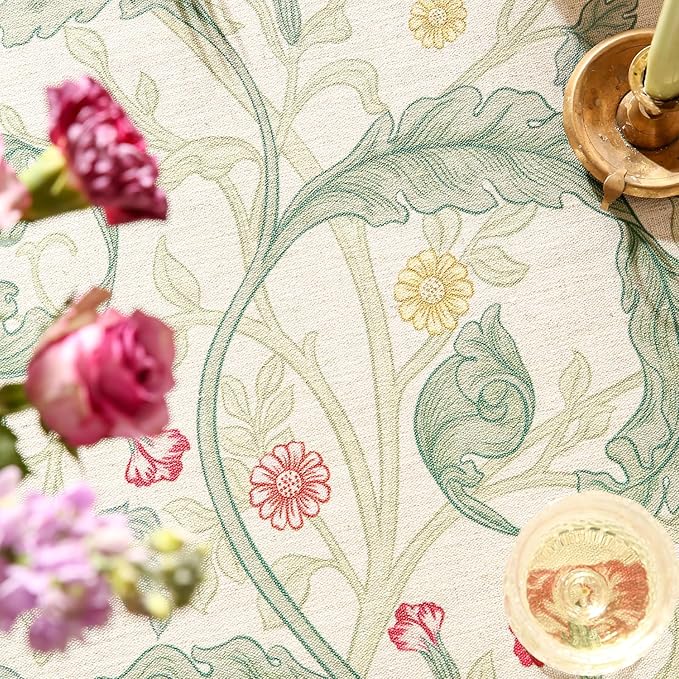 patdrea Designer Green Tablecloth for Rectangle Tables,Vintage Linen with Leaves and Flowers Pattern Tablecloths,Farmhouse Floral Table Cover Cloth Decor for Kitchen Dining Christmas,67"*118"