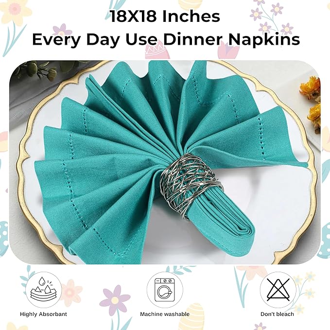 Bedding Craft Cotton Cloth Dinner Napkins Set of 12 – 18x18 Latigo Bay Teal with Hemstitched Mitered Corners – Machine Washable Reusable Napkins for Weddings, Parties & Daily Use