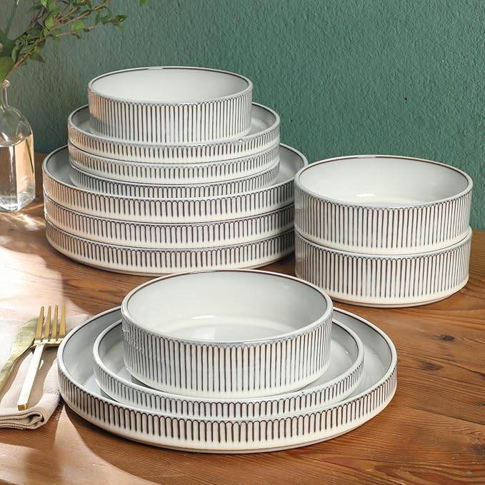 Gibson Elite 12 Piece (Service for 4) Townscape Plates and Bowls Reactive Glaze Embossed Round Dishes Terracotta Ceramic Dinnerware Set - Cream White