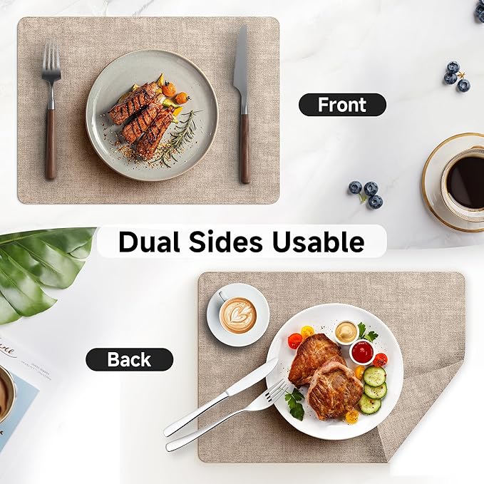 Faux Leather Vinyl Placemats Set of 6 Wipeable Heat Resistant Place Mats 100% Washable - Waterproof - Anti Slip Reversible Table Mats for Kitchen/Dining/Party/Outdoor, 12" x 16.5", Khaki