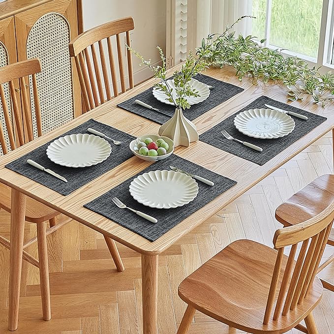 Softalker Faux Linen Placemats Set of 12-12 x 18 Inch, Heat Resistant Double Layered Durable Burlap Farmhouse Place Mats, Non-Slip Washable Rustic Table Mats for Dining, Kitchen, Party（Dark Grey
